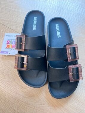 Muk Luks Black Slide Sandals with Tortoiseshell Buckles